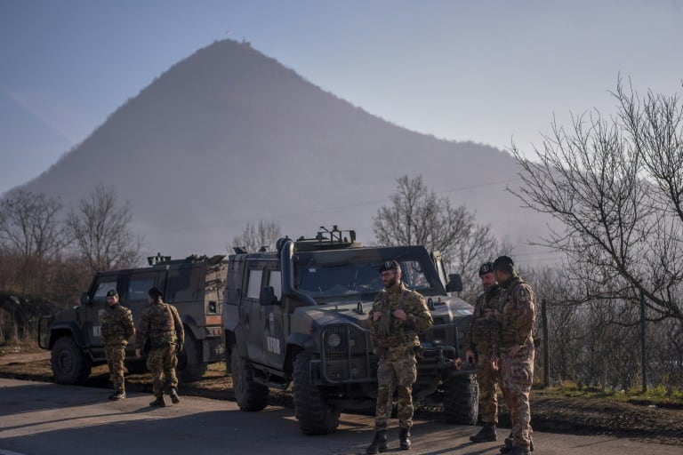 NATO-led peacekeepers on patrol near the Kosovo Serbia border