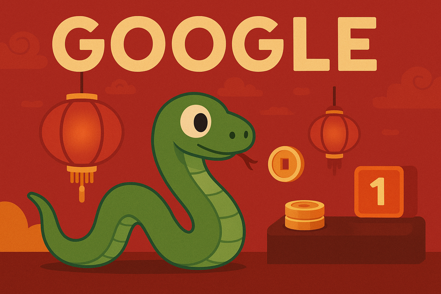 Cena do jogo do Google para o Ano da Serpente com cobra verde, moedas douradas e o logo do Google em vermelho.