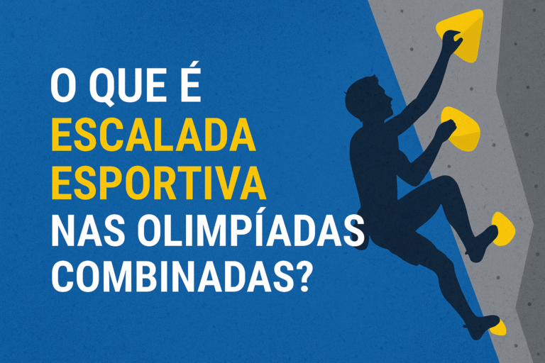 Ilustração de escalador esportivo subindo parede artificial com texto “O que é escalada esportiva nas Olimpíadas combinadas?