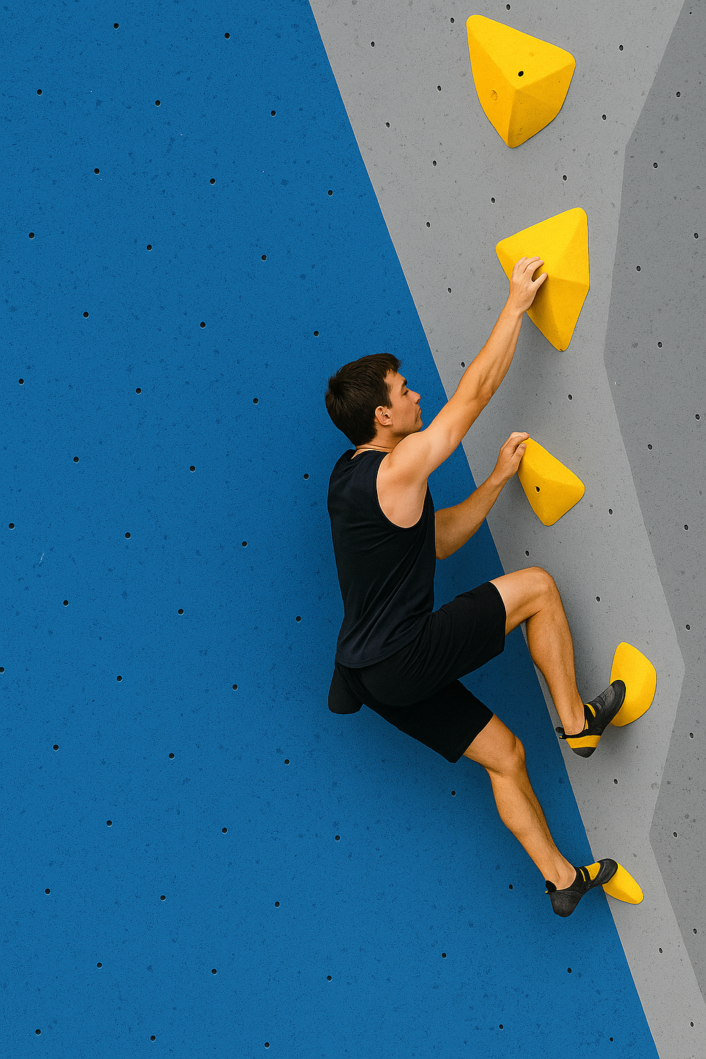 Foto de atleta masculino praticando escalada esportiva indoor em parede com agarras amarelas nas Olimpíadas combinadas