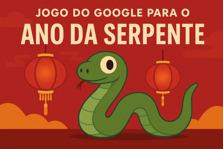 Ilustração colorida do doodle do Google para o Ano da Serpente com cobra verde e lanternas chinesas ao fundo.