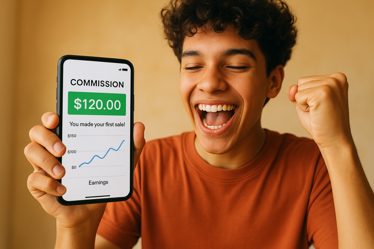 Affiliate marketer celebrating first commission sale online