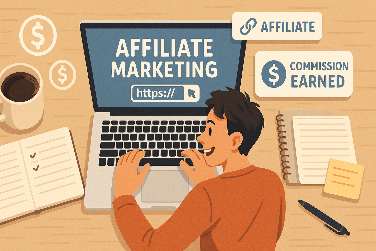 Beginner affiliate marketer working on laptop to make first sale