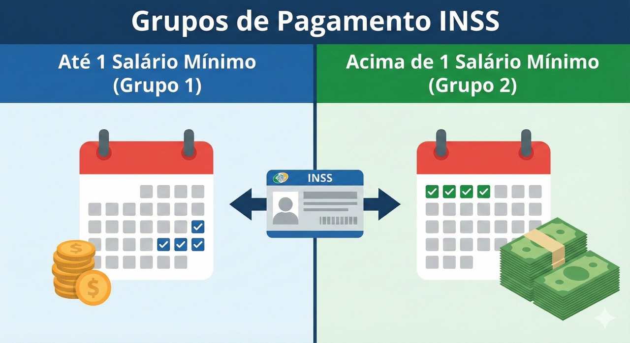 Infográfico explicativo das datas de pagamento INSS 2026 para os dois grupos de beneficiários.