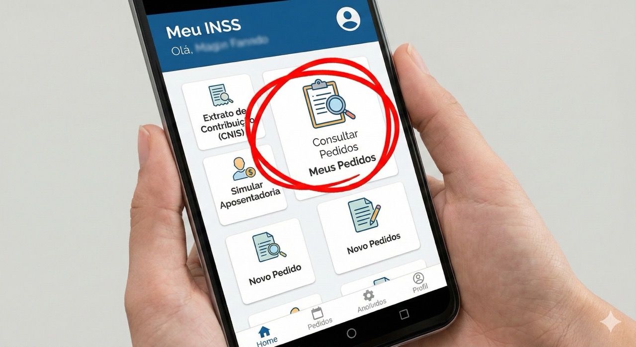 Tela do aplicativo Meu INSS destacando onde clicar para consultar o resultado do pedido