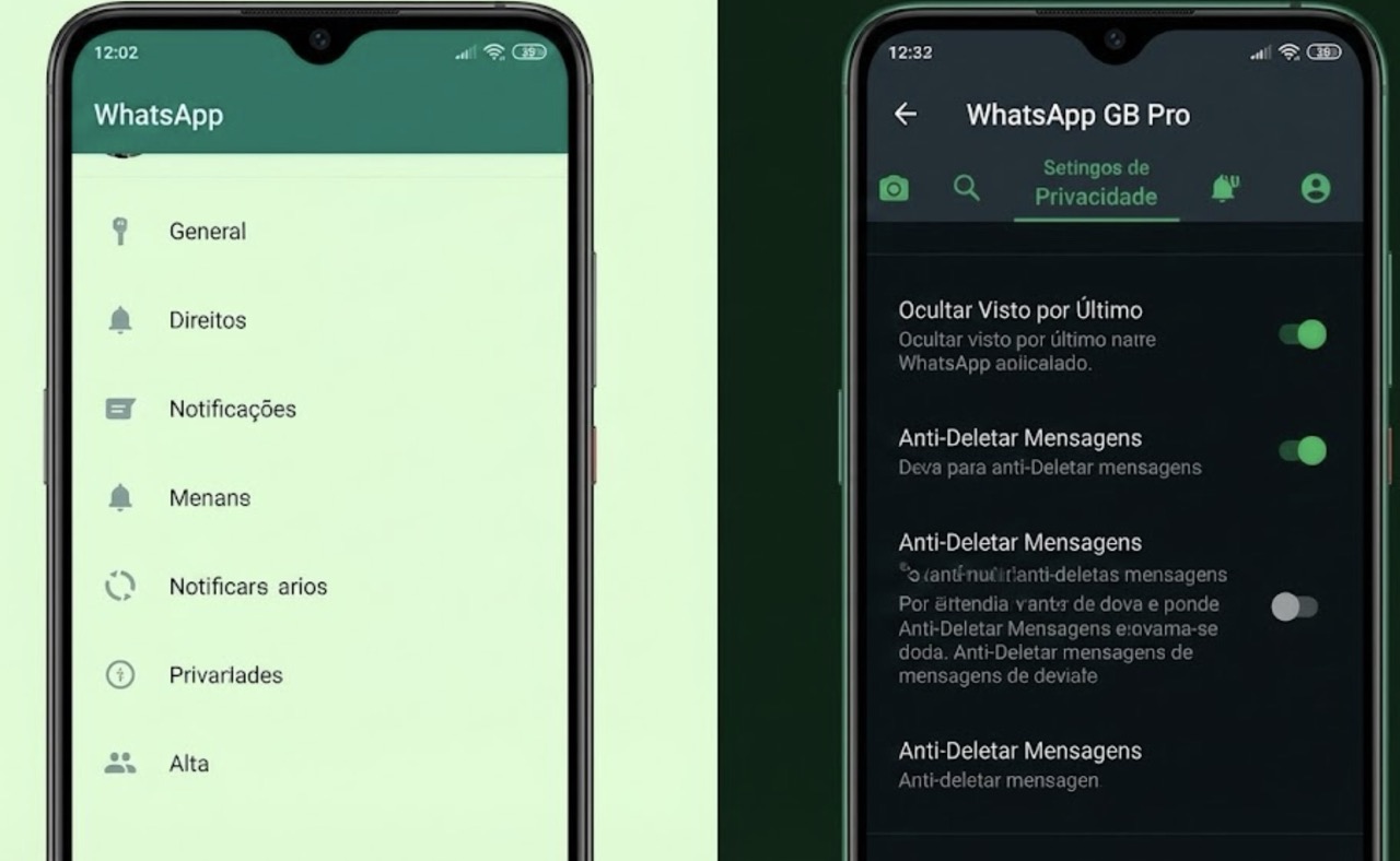 Menu de privacidade do WhatsApp GB 2026 mostrando funções de ocultar online e ver mensagens apagadas.