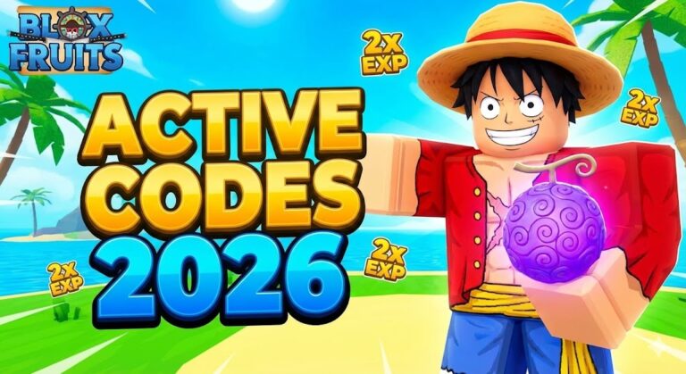 A vibrant 3D image of a Roblox character with a straw hat holding a devil fruit, with large text that reads "ACTIVE CODES 2026" and "2x EXP" badges on a tropical island background.