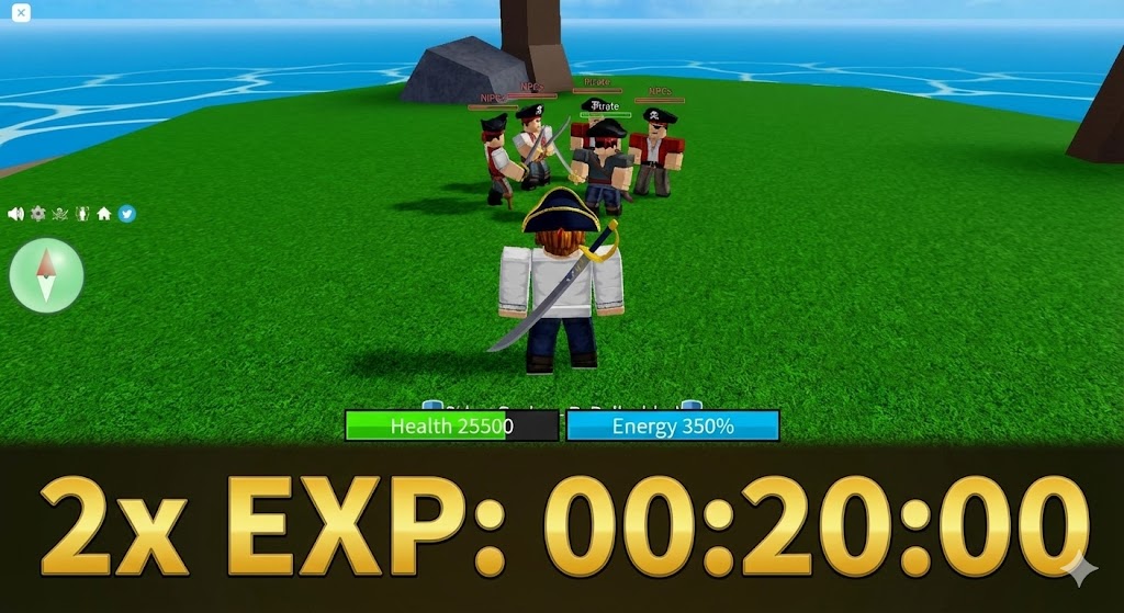 A gameplay screenshot of Blox Fruits showing a character fighting NPCs. A large golden timer at the bottom of the screen reads "2x EXP: 00:20:00", indicating an active double experience boost.
