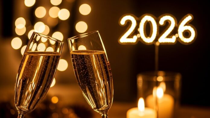 Brindisi di Capodanno 2026 con calici di spumante e luci dorate, immagine auguri elegante.