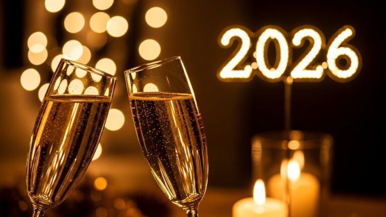 Brindisi di Capodanno 2026 con calici di spumante e luci dorate, immagine auguri elegante.