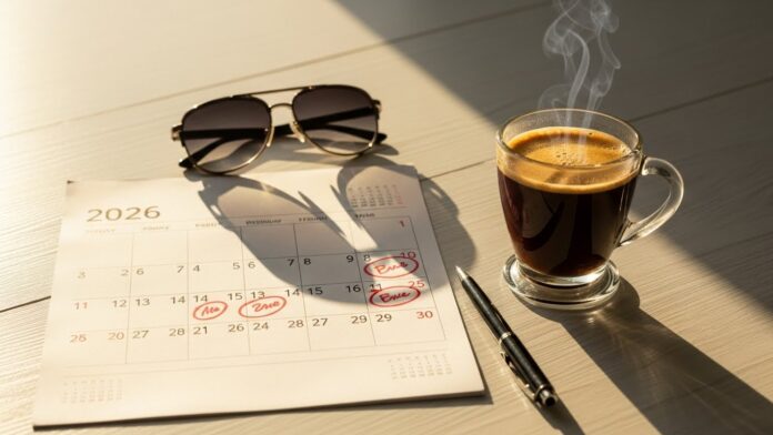 Calendário de 2026 impresso sobre mesa de escritório com café e óculos, simbolizando planejamento de férias e feriados no Brasil.