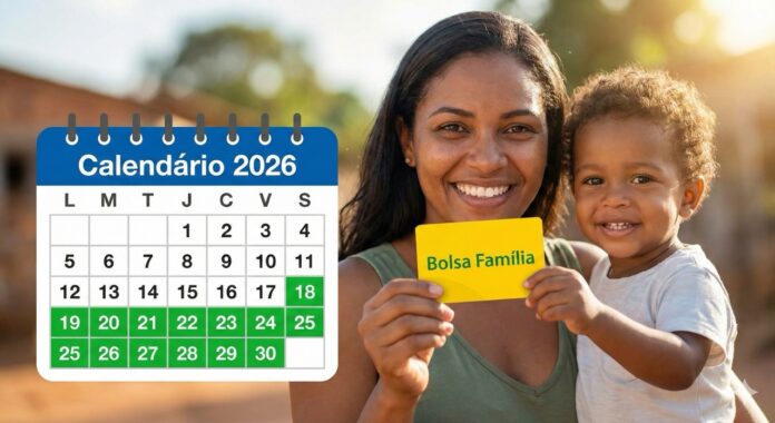 Mãe e filho sorrindo segurando o cartão do Bolsa Família com um gráfico do calendário de 2026 ao lado.