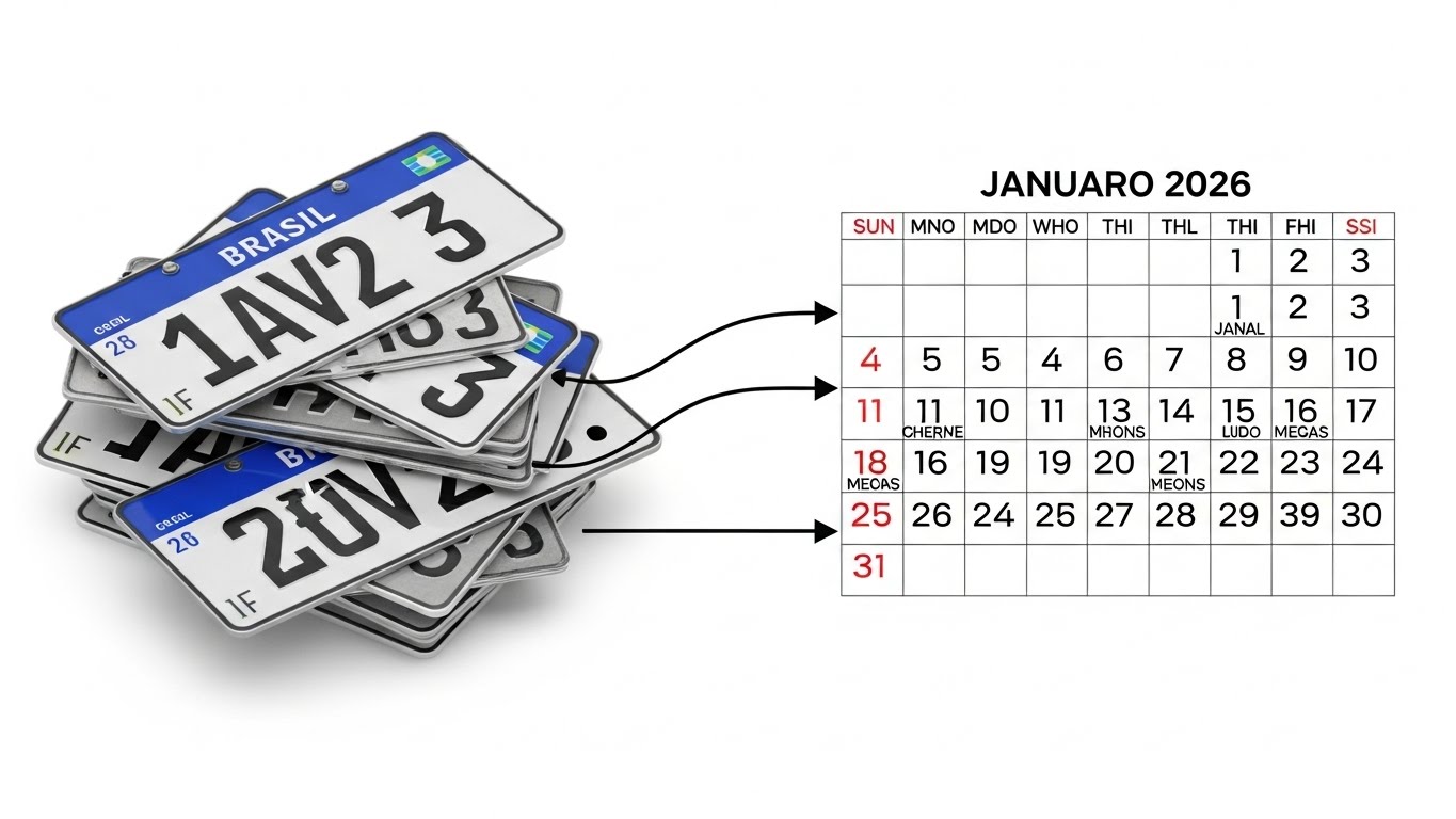 Infográfico ilustrativo relacionando finais de placa de carro ao calendário de vencimento do IPVA de janeiro de 2026.