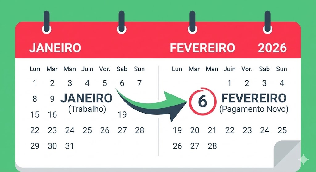Infográfico de calendário mostrando que o salário de Janeiro (trabalho) é pago com o novo valor no dia 6 de Fevereiro de 2026.