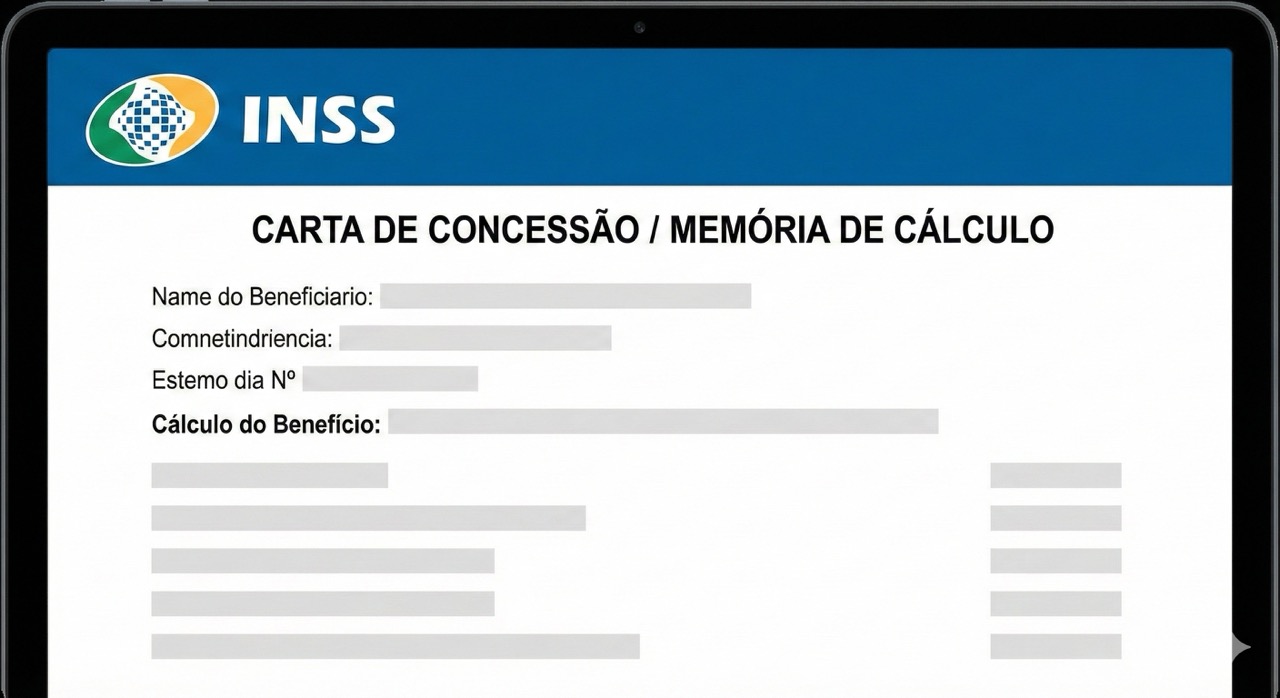 Ilustração digital de uma Carta de Concessão e Memória de Cálculo do INSS.