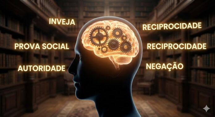 Ilustração conceitual da mente humana com um cérebro brilhante e engrenagens, cercado por textos de viéses cognitivos como Inveja, Prova Social e Autoridade, em uma biblioteca antiga.