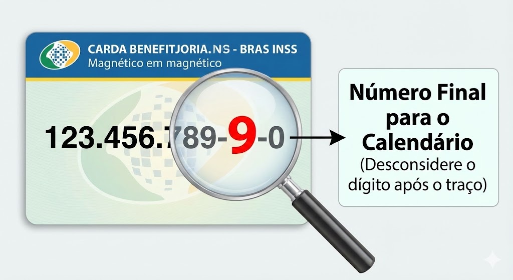 Infográfico mostrando como localizar o número final do benefício no cartão magnético do INSS para conferir o calendário de pagamento.