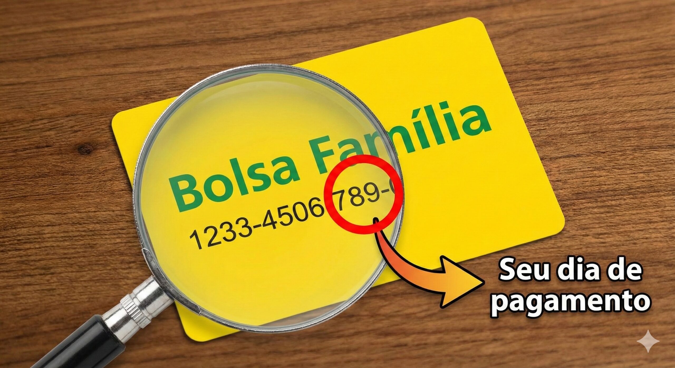Lupa sobre um cartão do Bolsa Família destacando o último dígito do NIS antes do traço para identificar a data de pagamento.
