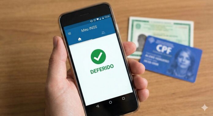 Mão segurando celular com o aplicativo Meu INSS mostrando status 'DEFERIDO', com cartões de CPF e RG ao fundo