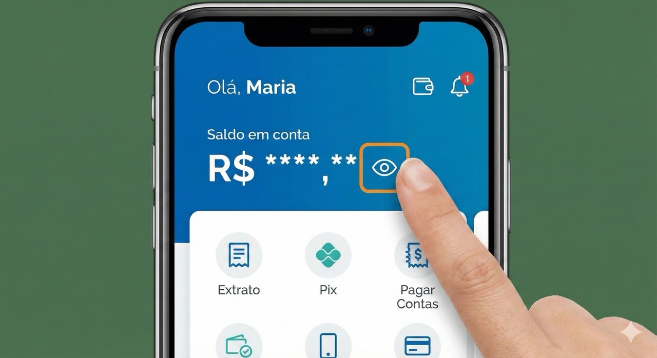 Tela do aplicativo Caixa Tem mostrando como clicar no ícone de olho para ver o saldo do Bolsa Família.