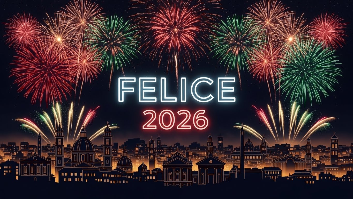 Spettacolo pirotecnico Capodanno 2026 con scritta Felice Anno Nuovo per invio WhatsApp.