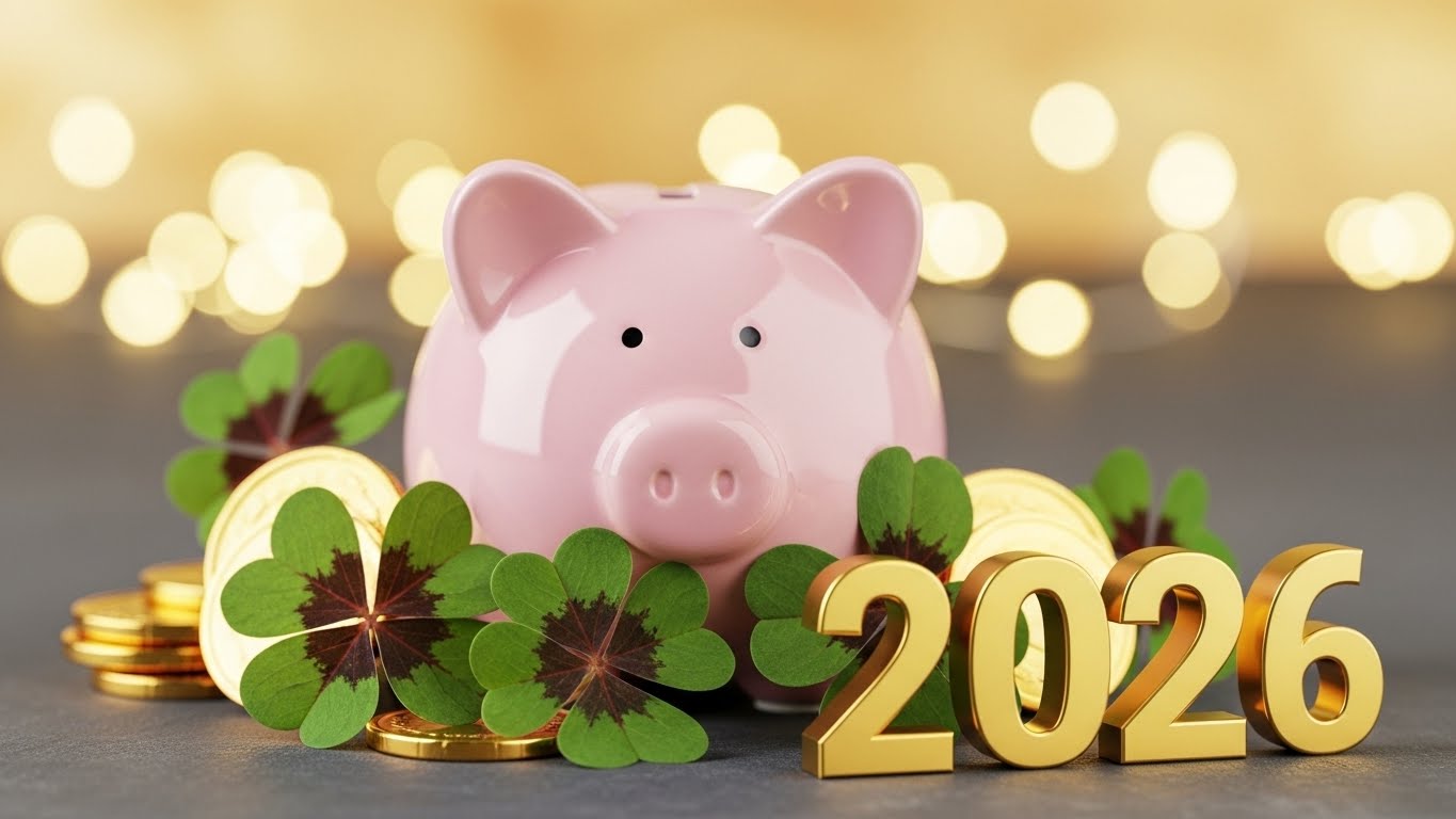 Glücksschwein mit Kleeblättern und Goldmünzen, traditionelles deutsches Neujahrsbild 2026.