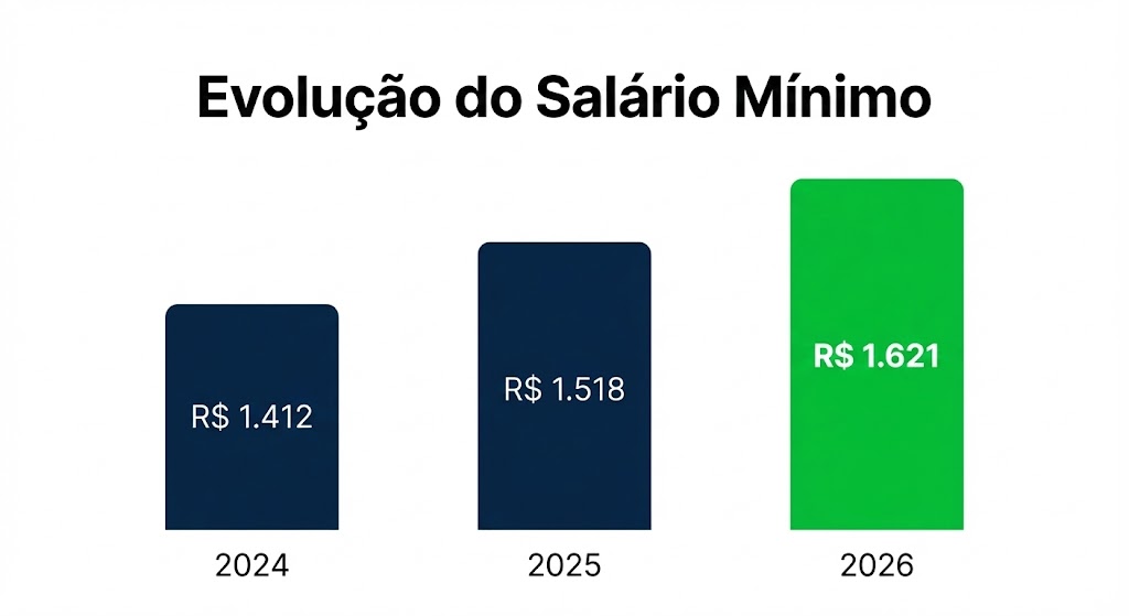Gráfico de barras mostrando o crescimento do salário mínimo de 2024 (R$ 1.412) e 2025 (R$ 1.518) para o novo valor de R$ 1.621 em 2026.