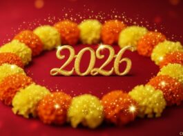 Happy New Year 2026 Hindi Shayari poster with marigold flowers
