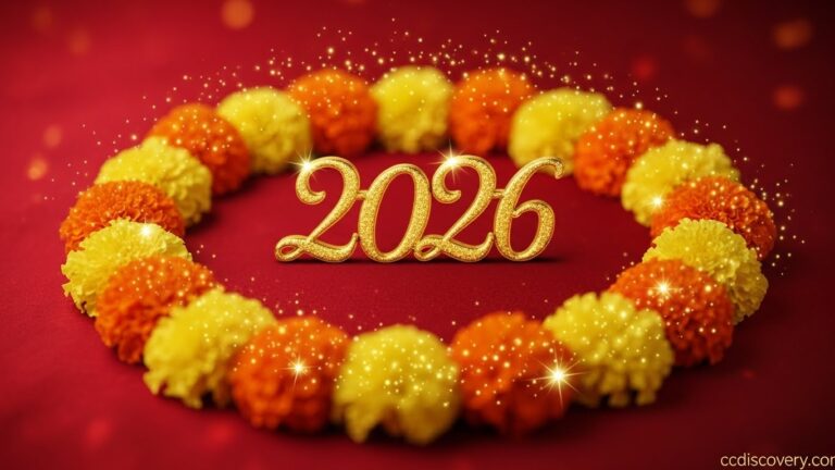 Happy New Year 2026 Hindi Shayari poster with marigold flowers