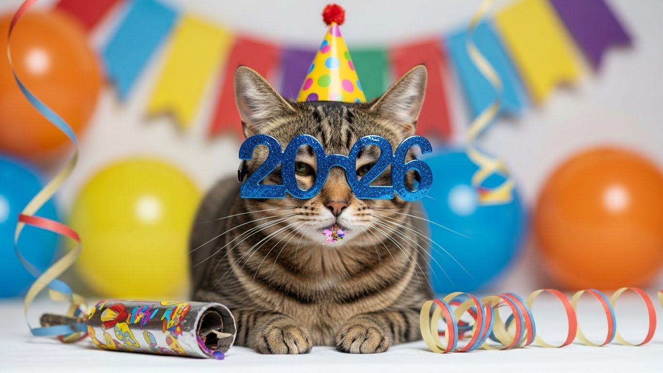 Gatto divertente con occhiali 2026 per auguri di Capodanno simpatici su WhatsApp.