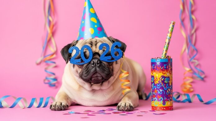 Lustiger Mops mit 2026 Brille und Partyhut, witziges Bild für Neujahrswünsche WhatsApp.