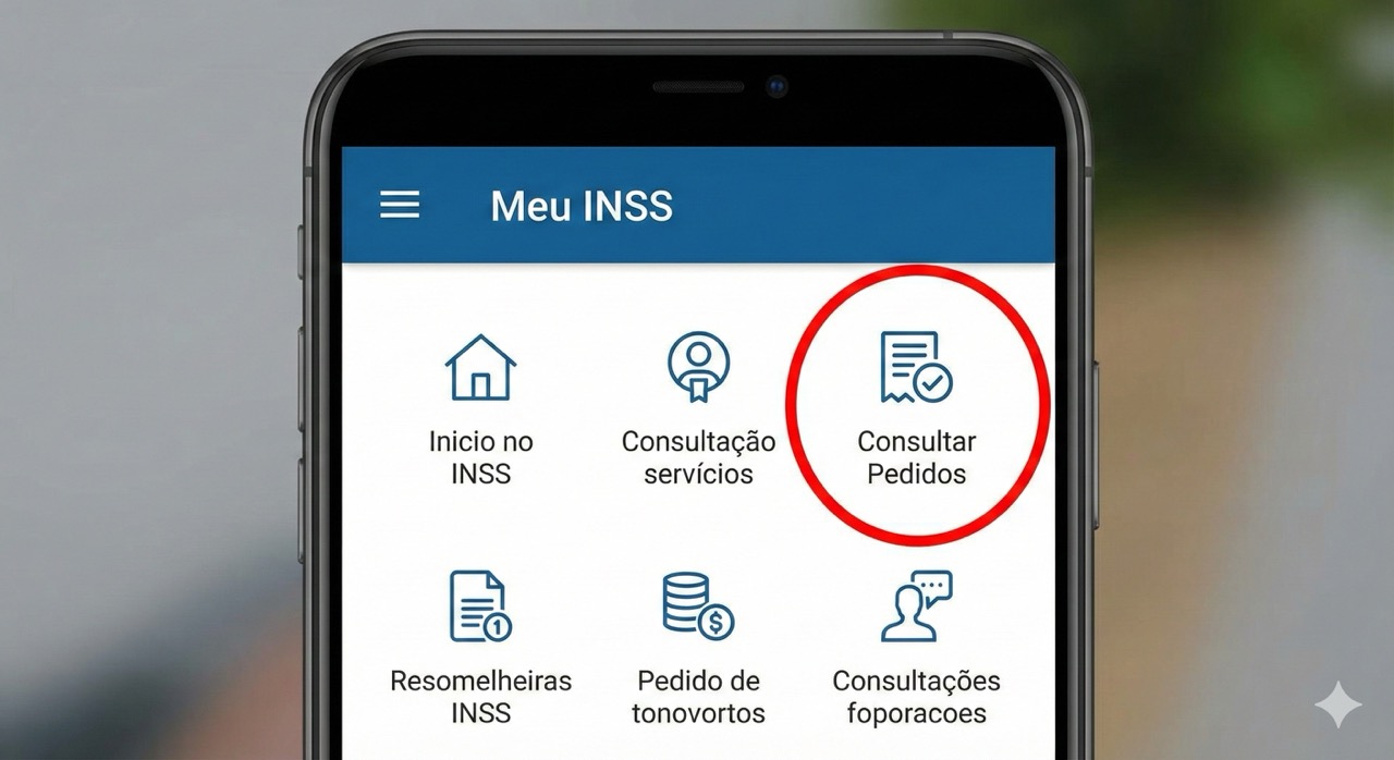 Captura de tela do aplicativo Meu INSS com um círculo vermelho destacando o ícone 'Consultar Pedidos'.