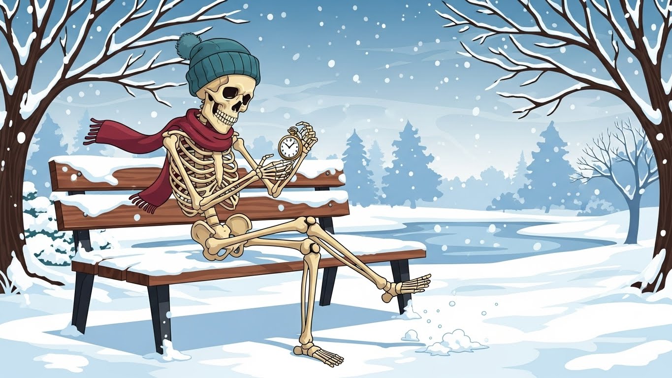 Lustiges Meme Bild Skelett wartet auf Erfüllung der guten Vorsätze 2026.