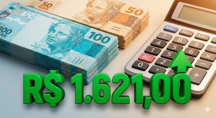 Notas de R$100 e R$50 reais com uma calculadora e o texto 'R$ 1.621,00' em verde com uma seta para cima, indicando o aumento do salário mínimo de 2026.