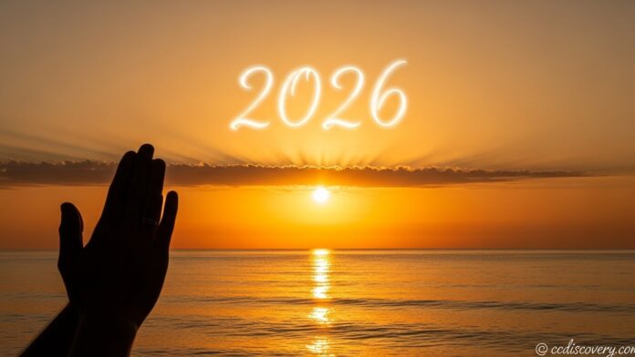 Mãos em oração ao amanhecer pedindo proteção para o ano novo 2026 ccdiscovery.com.