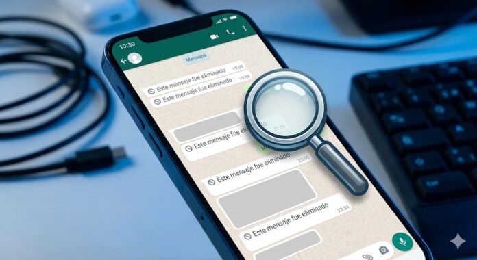 iPhone com lupa sobre mensagens apagadas do WhatsApp, simbolizando a recuperação de dados sem backup.