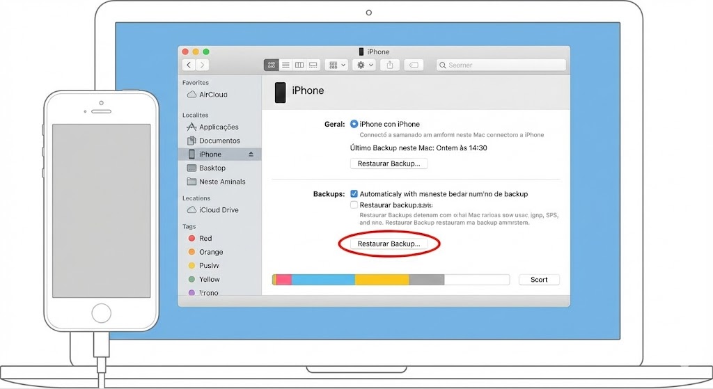 Captura de tela do Finder no Mac mostrando a opção de 'Restaurar Backup' para recuperar dados do iPhone.