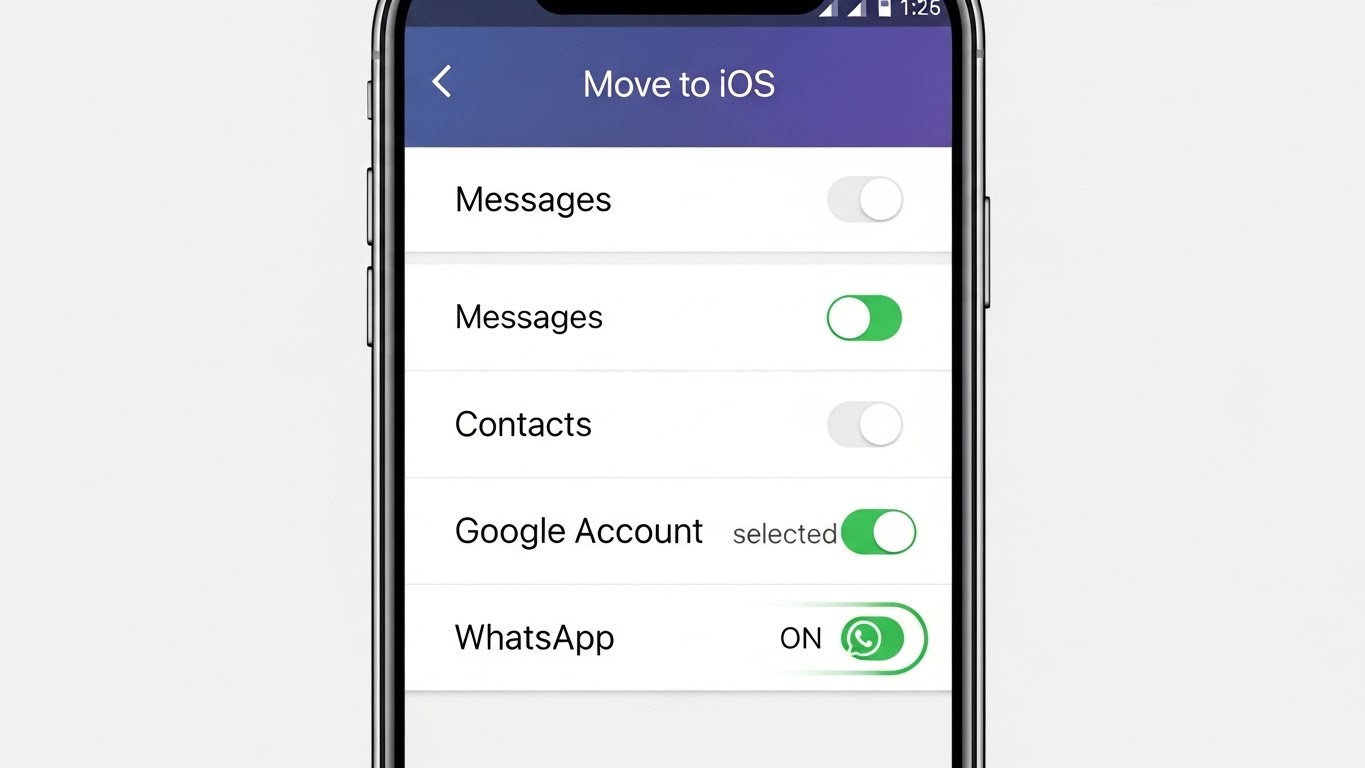 Tela do aplicativo Migrar para iOS no Android mostrando a opção WhatsApp selecionada para backup.