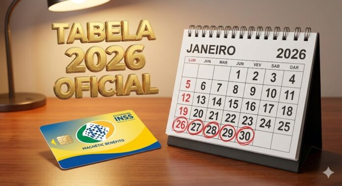 Calendário de mesa de Janeiro 2026 com datas de pagamento circuladas e cartão do INSS, com texto dourado 'TABELA 2026 OFICIAL'.
