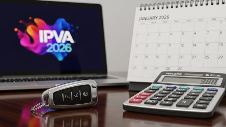 Chave de carro sobre mesa de escritório com calculadora e calendário de janeiro de 2026, ilustrando o pagamento do imposto IPVA.
