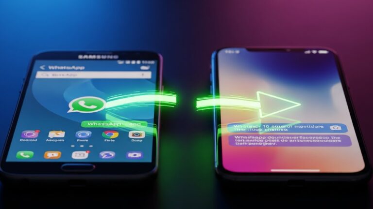 Celular Android e iPhone lado a lado com logo do WhatsApp, ilustrando a transferência de conversas gratuita em 2026.