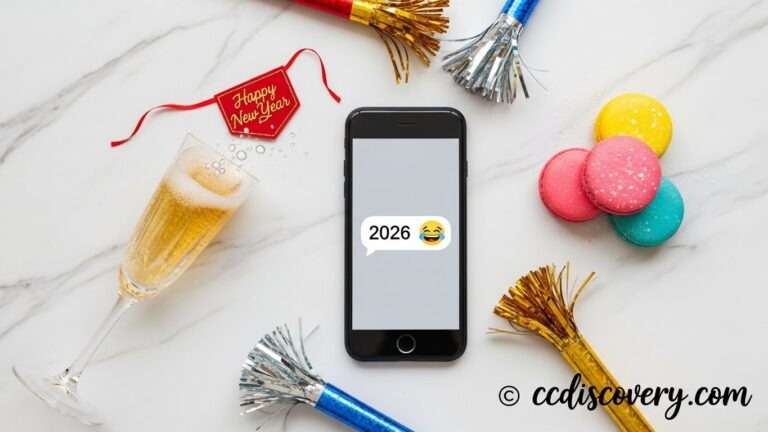 Smartphone avec message de voeux 2026 humour et macarons français ccdiscovery.com