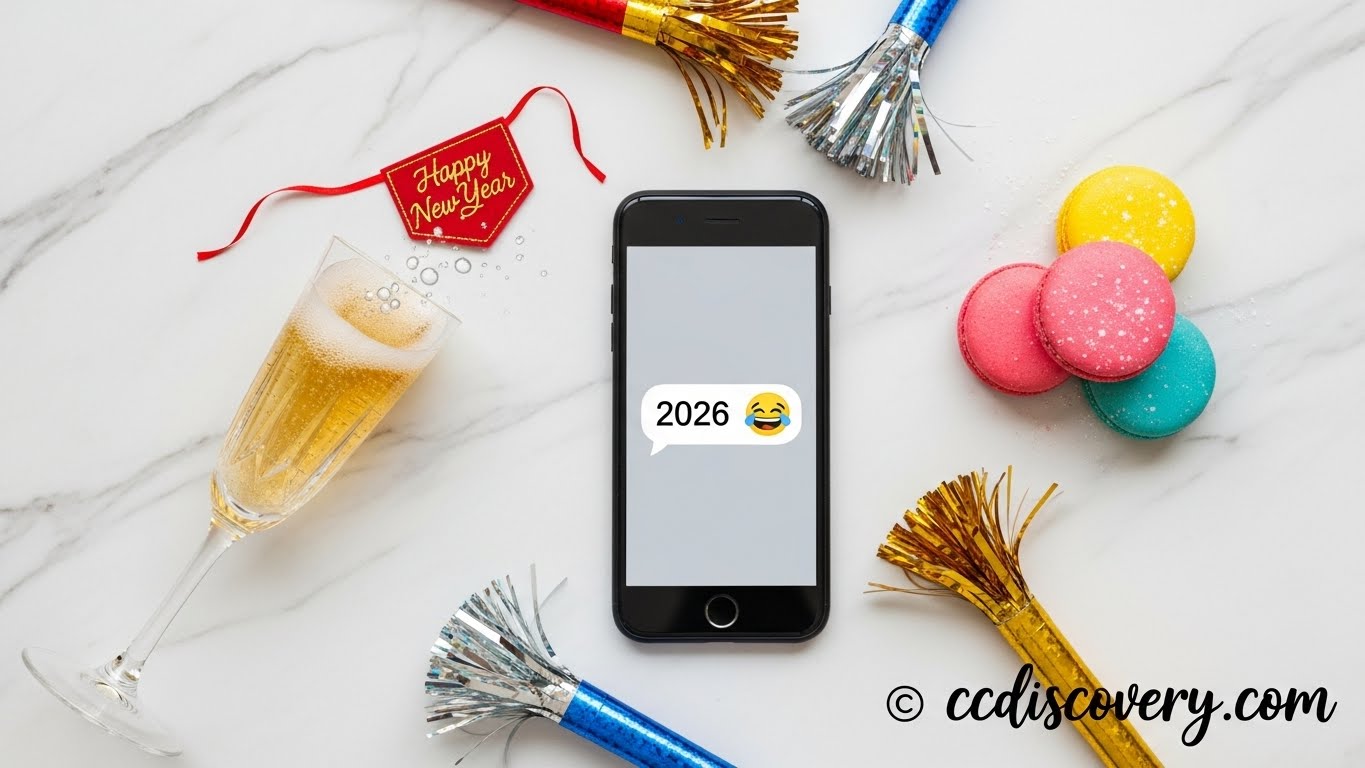 Smartphone avec message de voeux 2026 humour et macarons français ccdiscovery.com