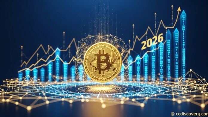 Conceito futurista Bitcoin e tendências financeiras 2026 Dinheiromoney ccdiscovery.com