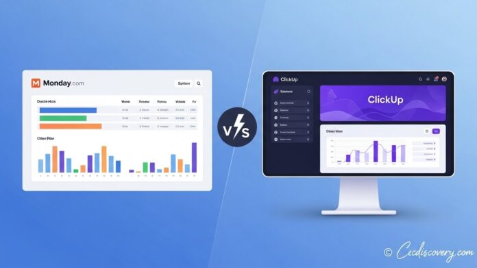 Monday.com vs ClickUp comparison dashboard project management software ccdiscovery.com.